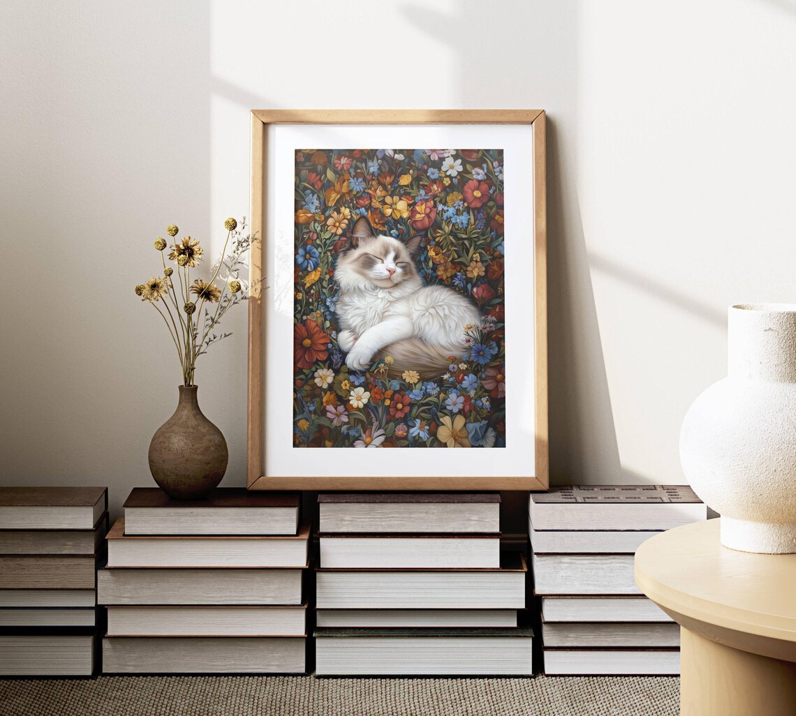 Sleeping Ragdoll Cat Nestled in a Colorful Wildflower Garden Poster - Image 2