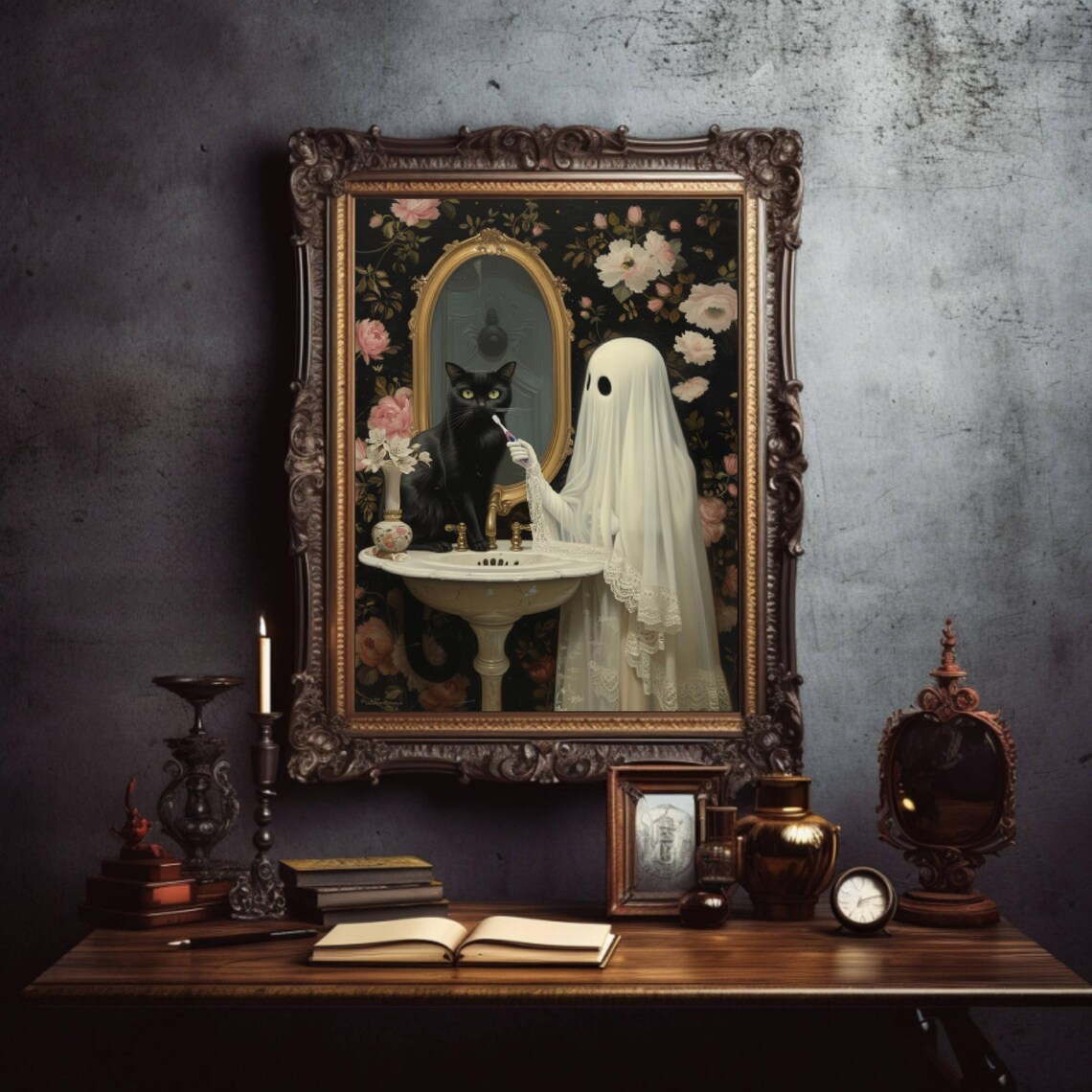 Ghost And Cat Brushing Teeth Poster Art Print - Image 3