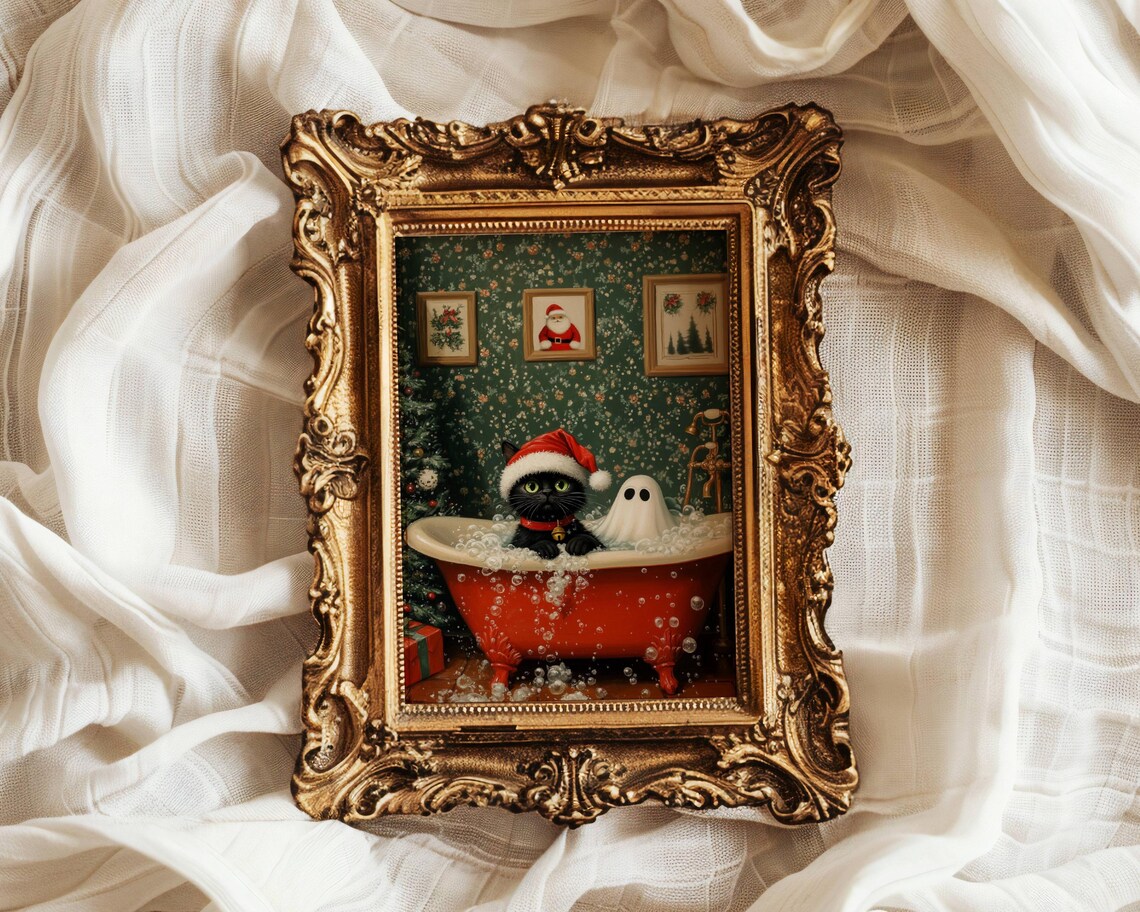 Ghost And Cat Christmas Bath Art, Whimsigoth Poster - Image 4