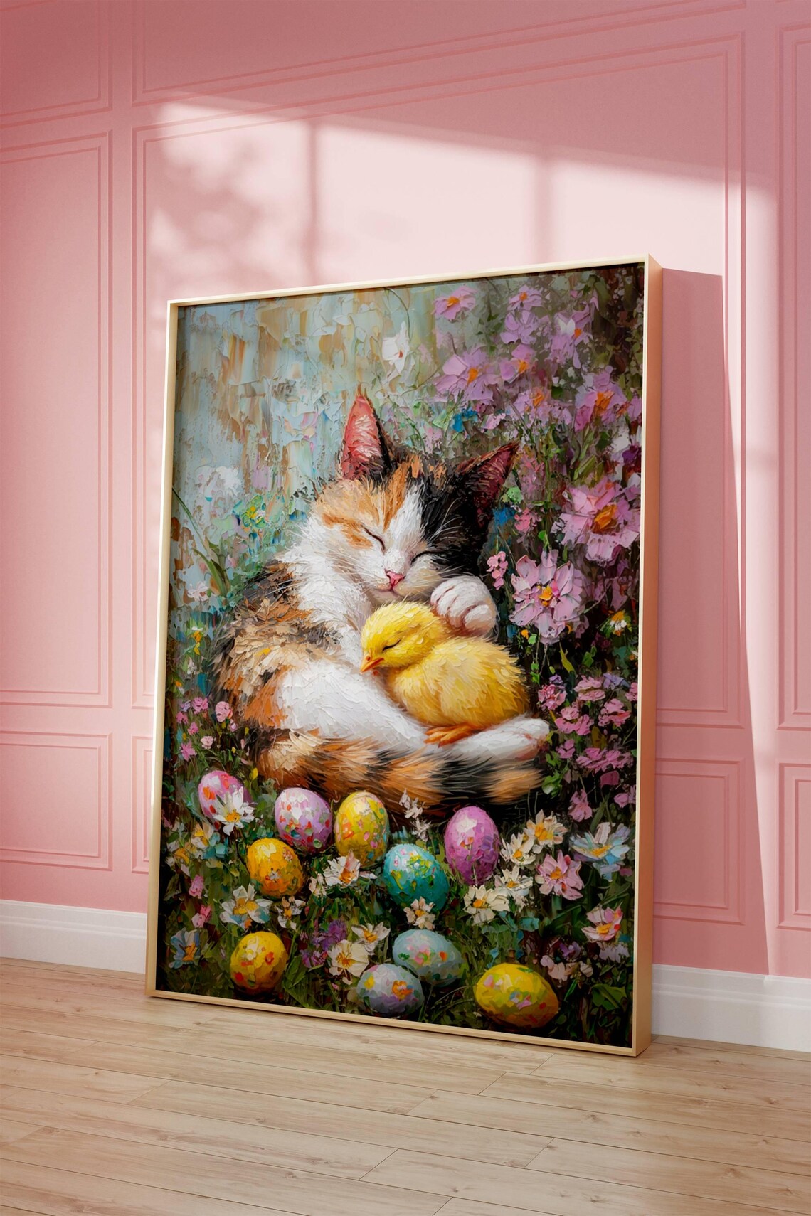 Sleepy Calico Cat Cuddling a Yellow Chick Among Painted Easter Eggs Poster - Image 2