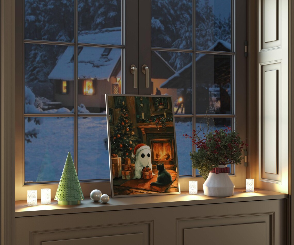 Ghost and Black Cat Christmas Poster, Spooky Holiday Art - Image 2