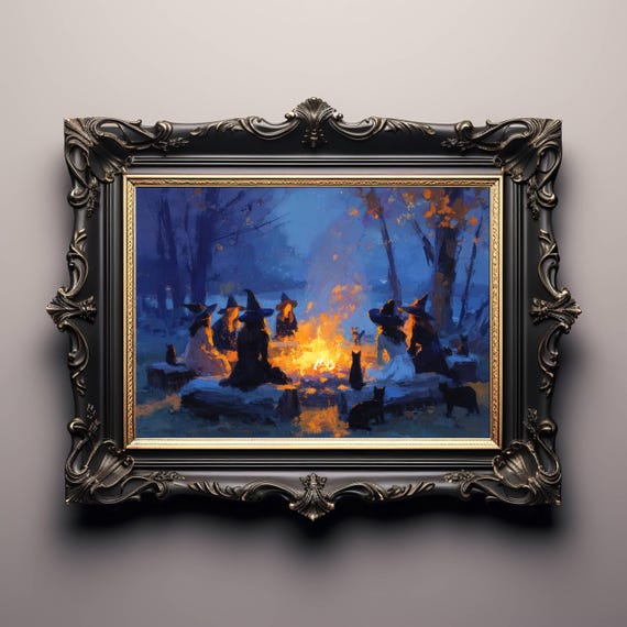 Witch Bonfire Poster With Black Cats Cozy Autumn Night Wall Art Halloween Witchy Decor Impressionist Fall Print For Cat Lovers Unframed