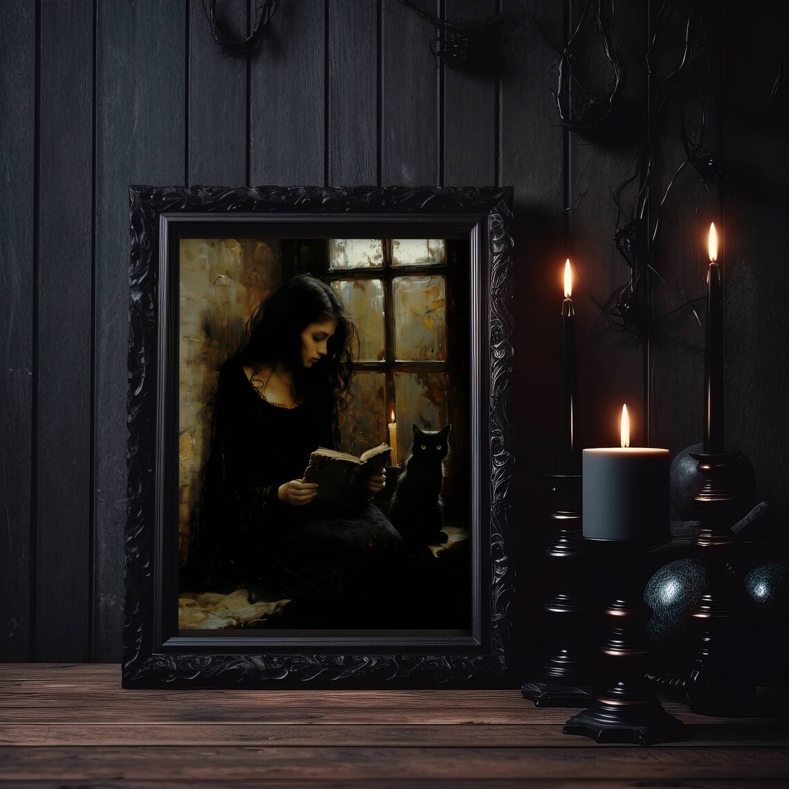 Woman Reading By Candlelight With Black Cat Dark Academia Poster - Image 3