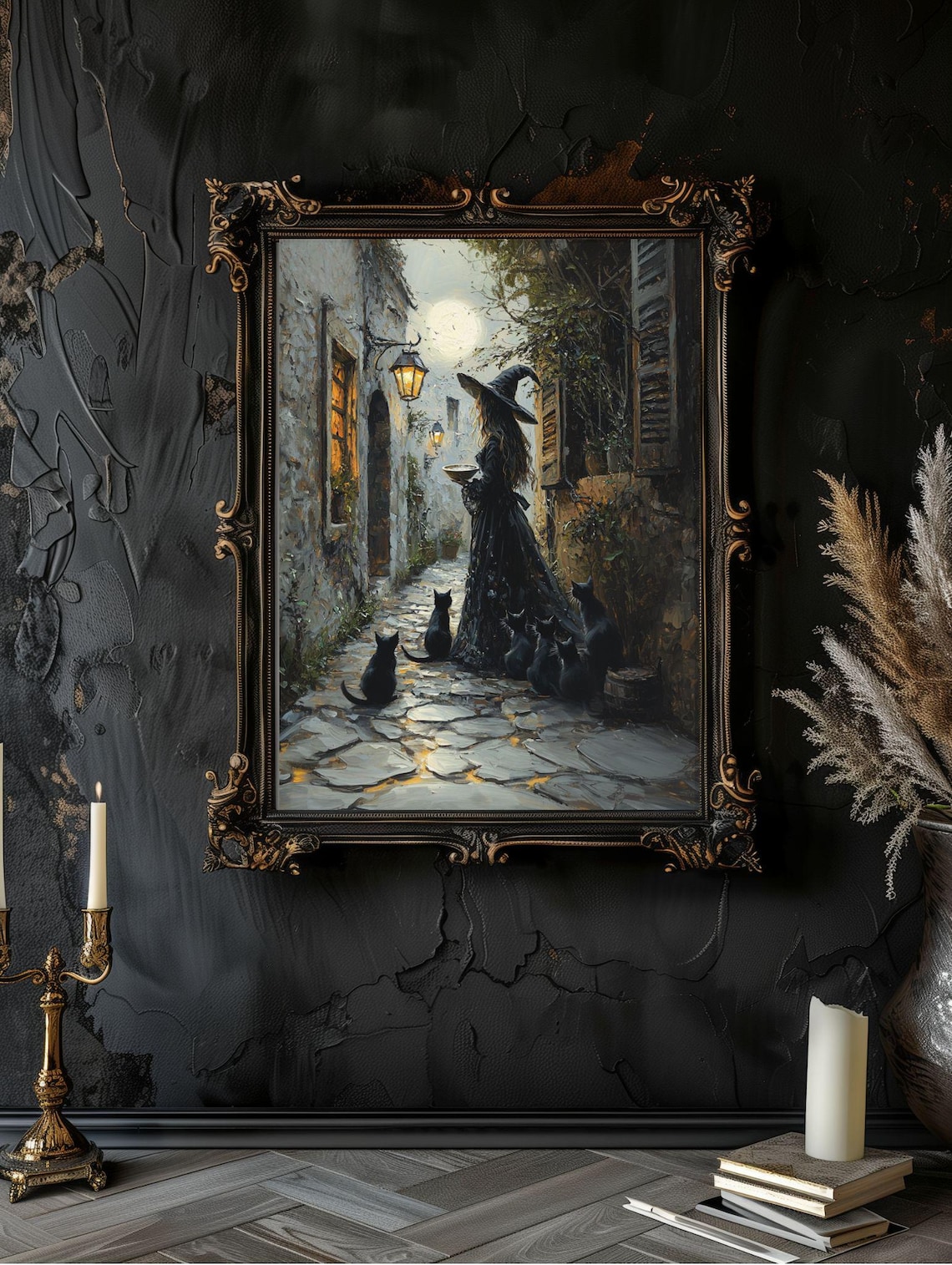 Witch Feeding Cats, Whimsigoth Cat Wall Art Print - Image 2