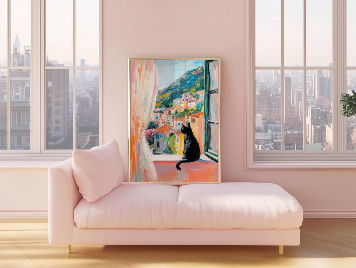 Black Cat on a Windowsill Above a Colorful Coastal Town View Poster - Image 7