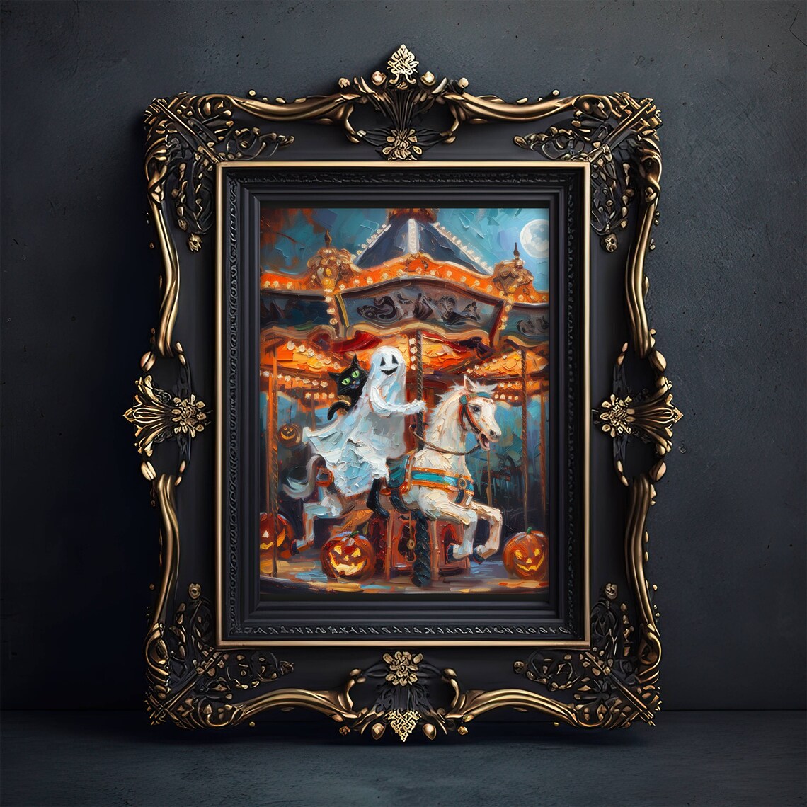 Ghost and Black Cat Carousel Halloween Art Print - Image 4