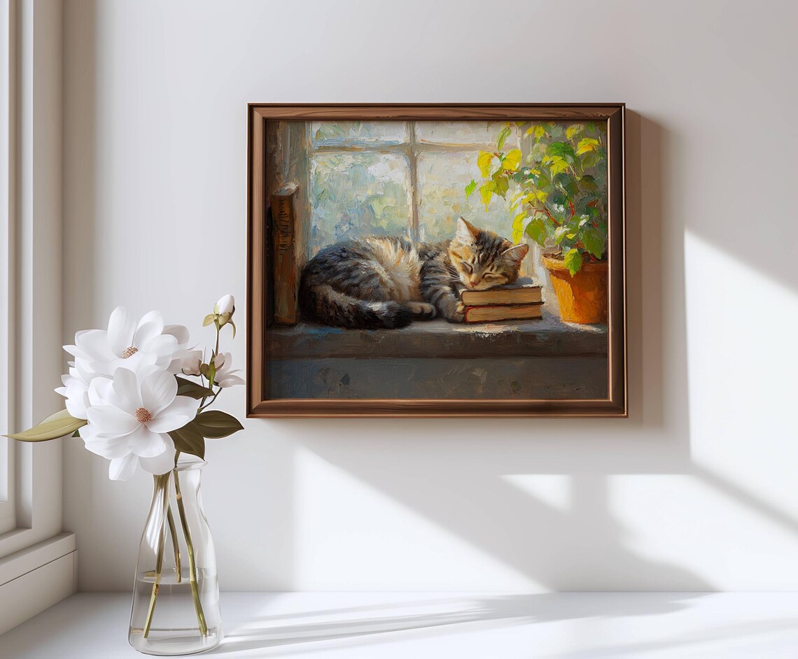 Tabby Cat Sleeping on Books, Bookish Art Print - Image 7
