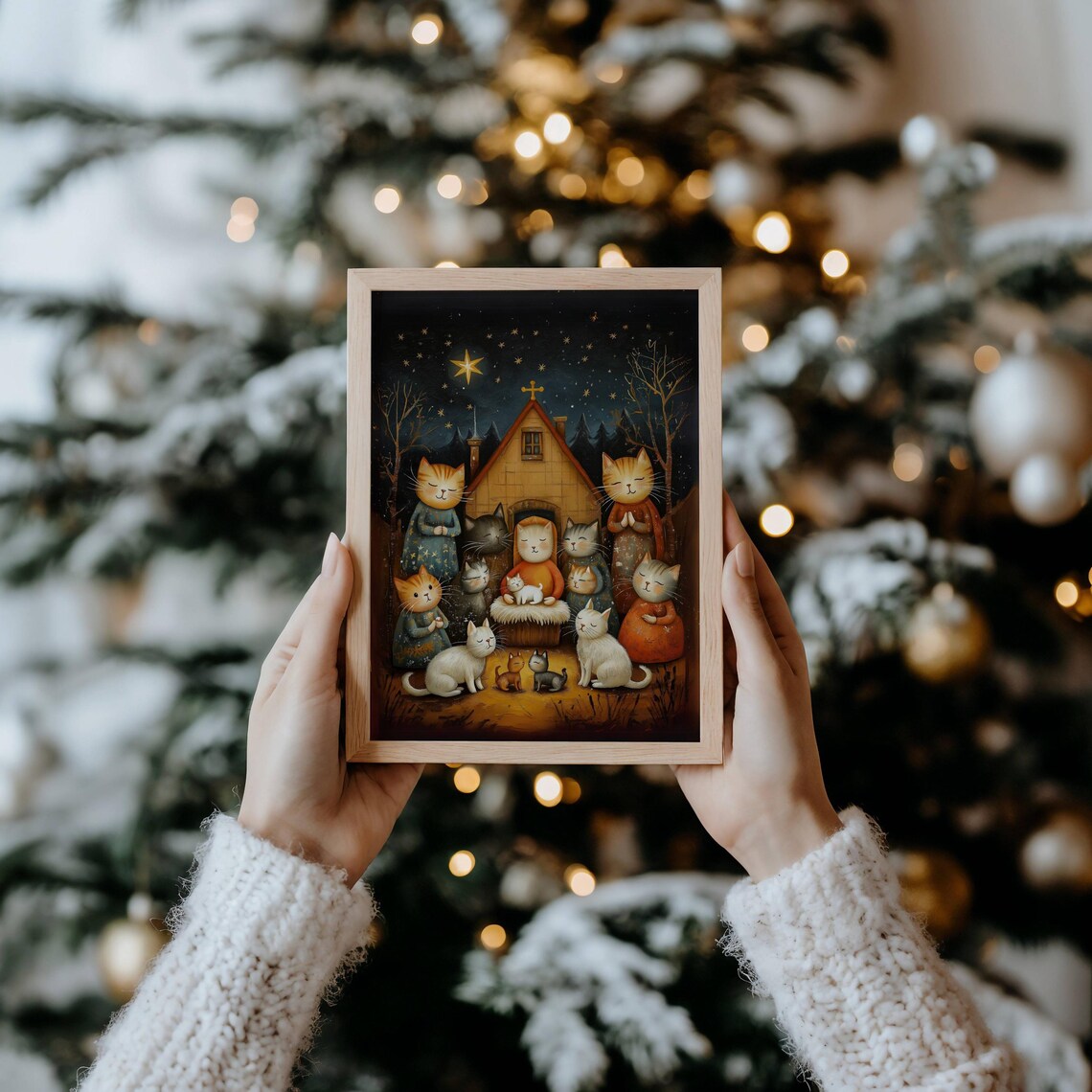 Folk Art Cat Nativity Scene Christmas Poster - Image 7