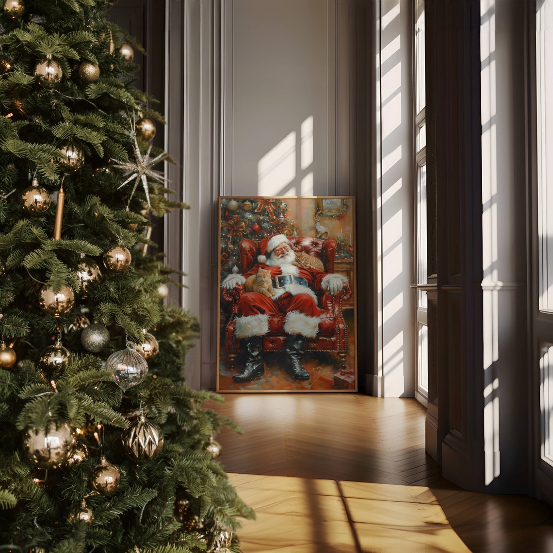 Santa Claus Sleeping in Armchair With Two Ginger Cats Christmas Poster - Image 7