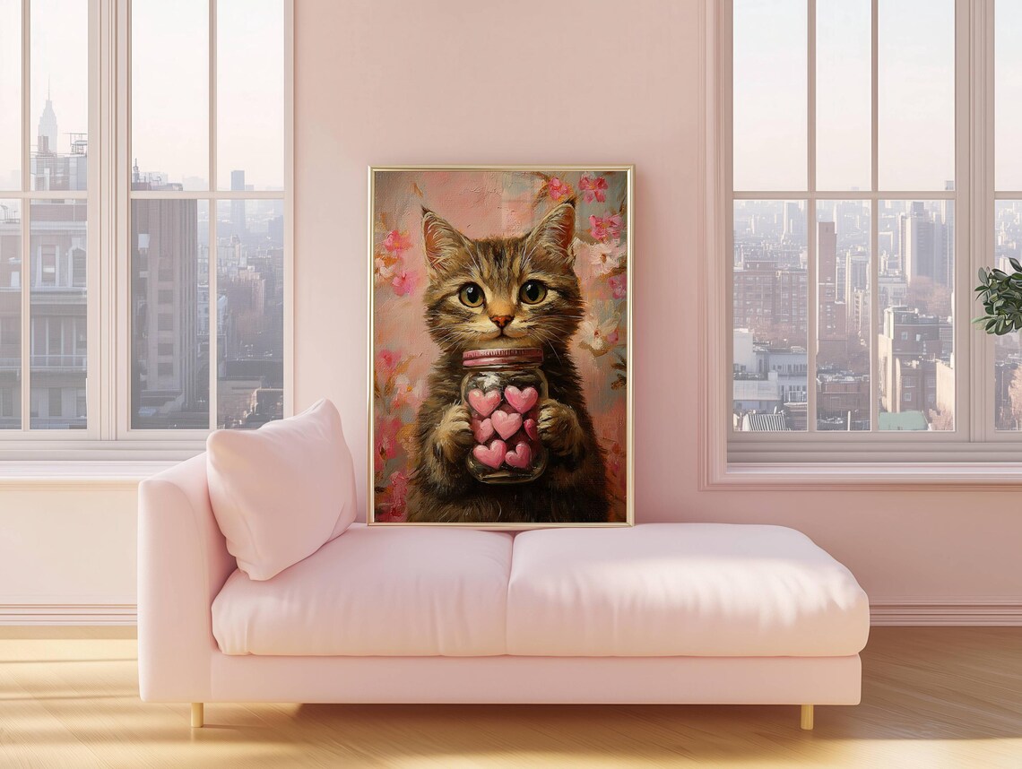 Valentines Day Tabby Cat Poster, Valentine Heart Decor - Image 3