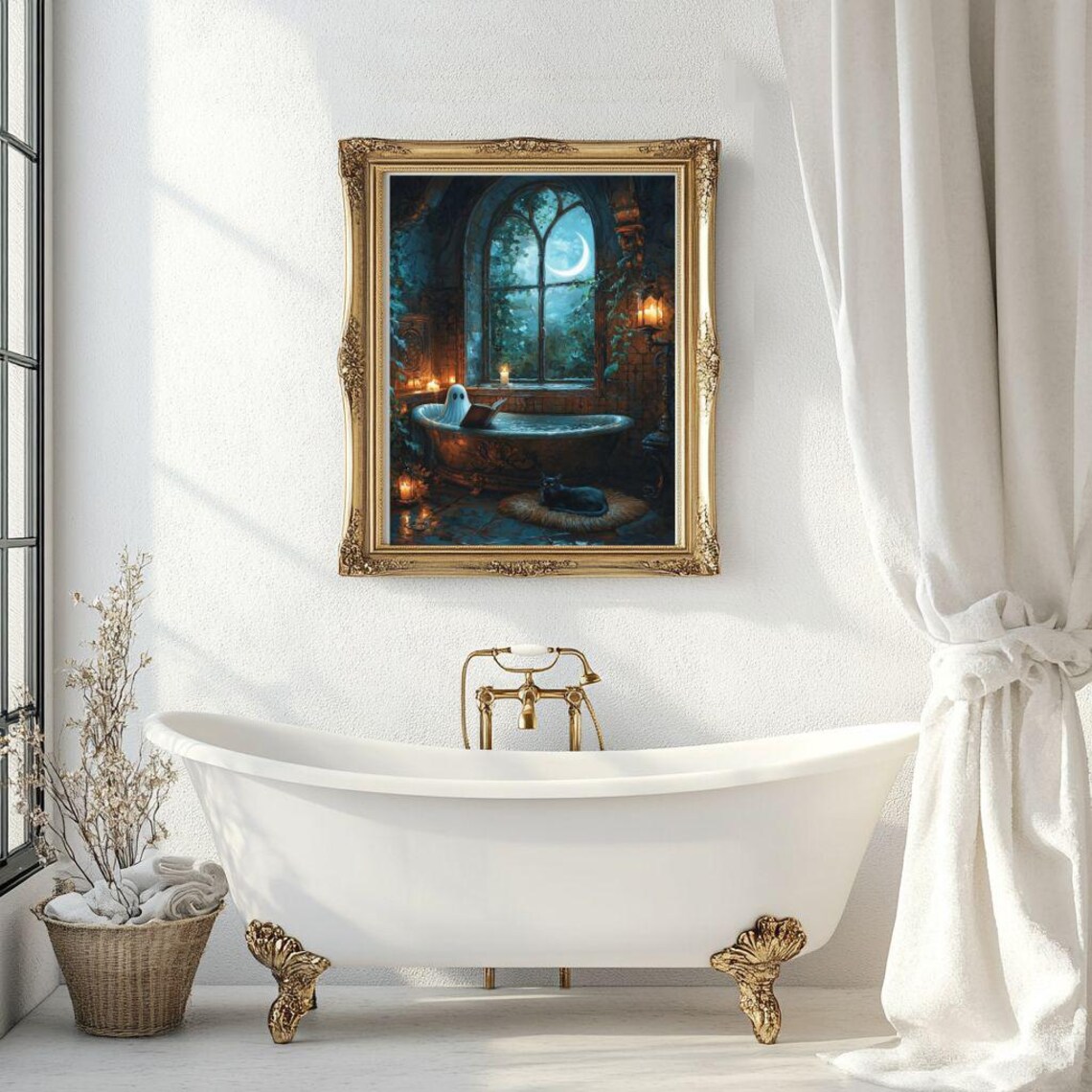 Little Ghost Reading a Book in a Candlelit Bathtub on a Moonlit Night Poster - Image 4