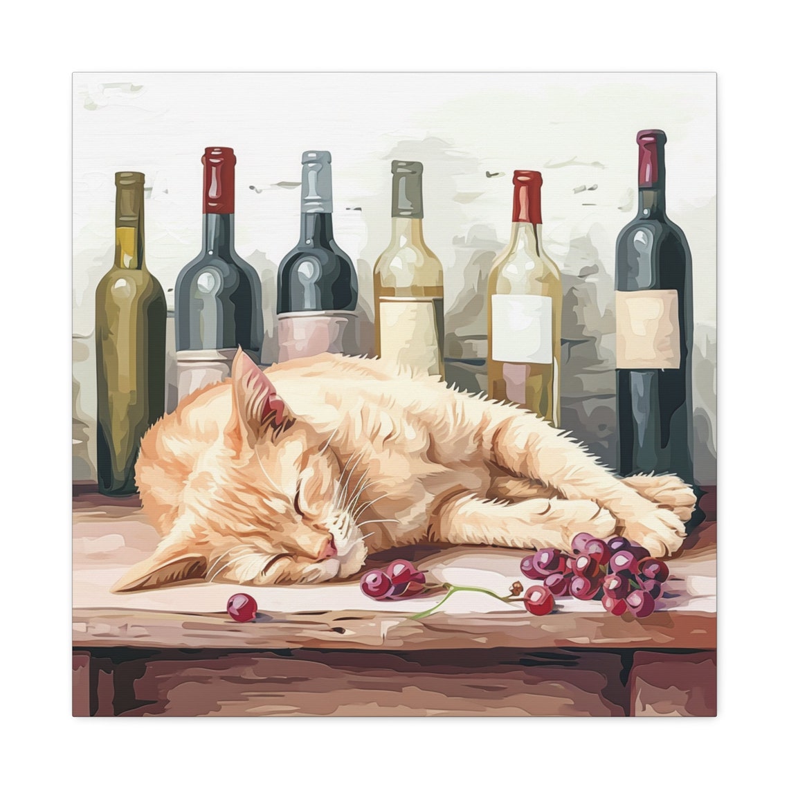 Light Orange Cat Sleeping Among Wine Bottles and Grapes Poster - Image 5