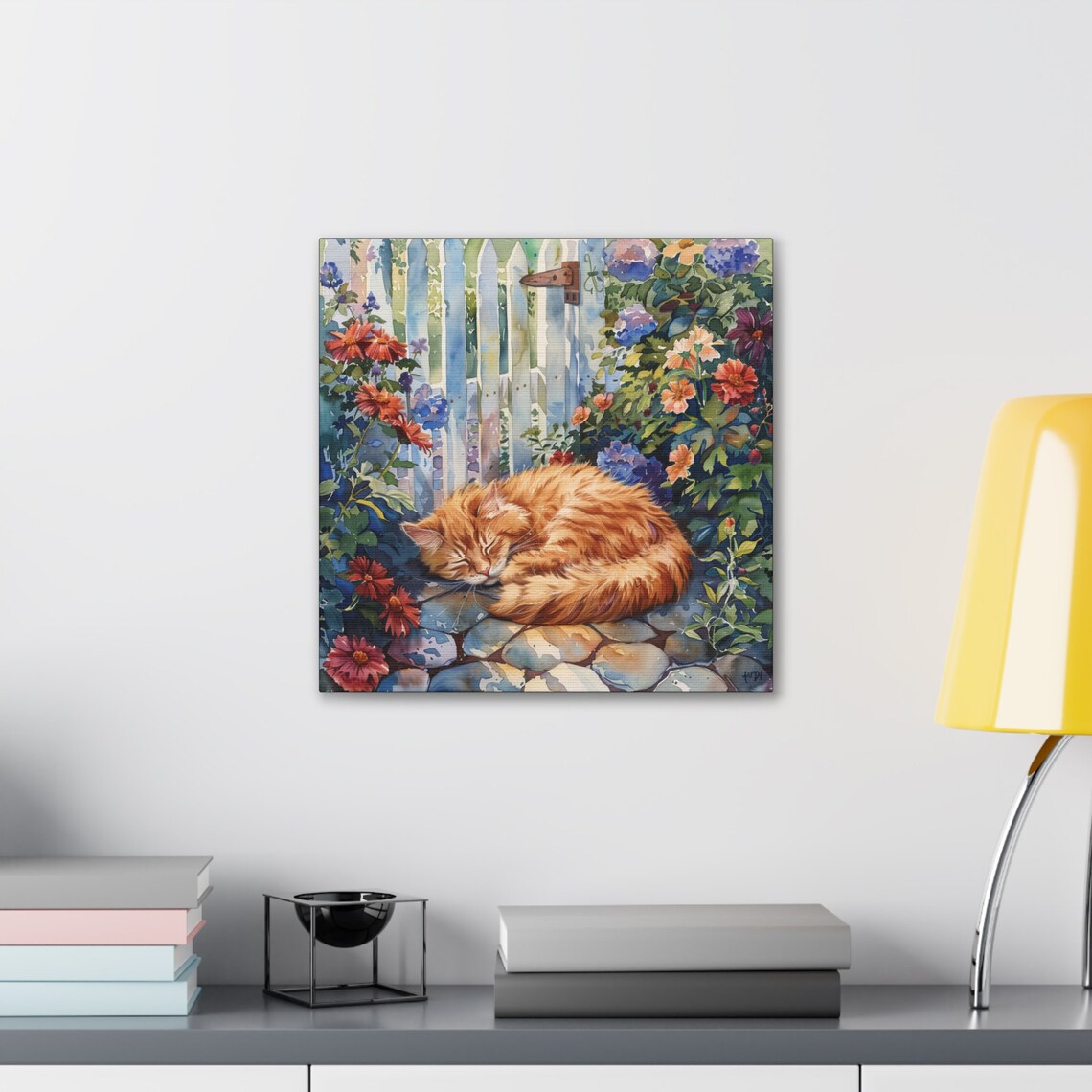 Orange Longhair Cat Napping in a Garden by a Wooden Fence Poster - Image 3