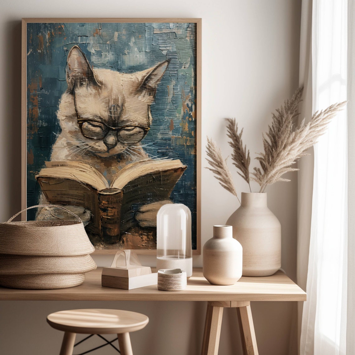 Siamese Cat With Glasses Reading A Book In A Library Art Poster - Image 4