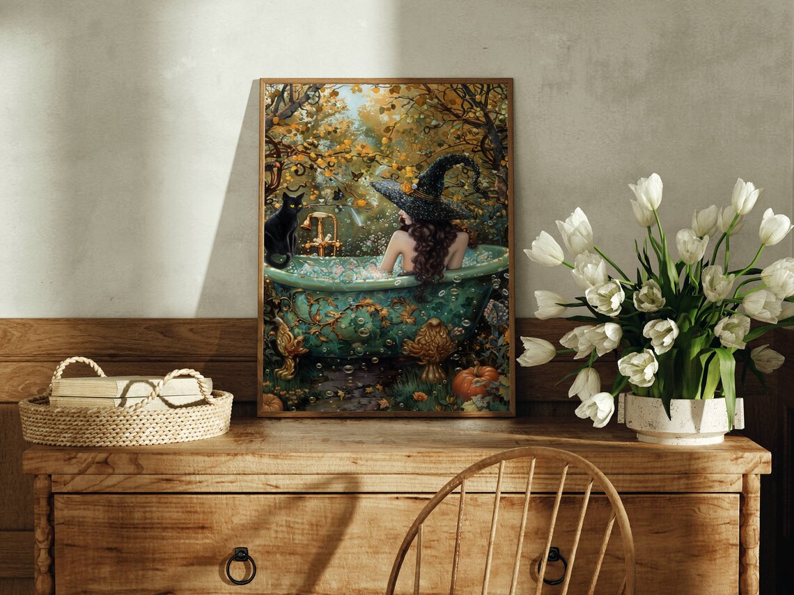Witch In Garden Bathtub Halloween Art Print - Image 2