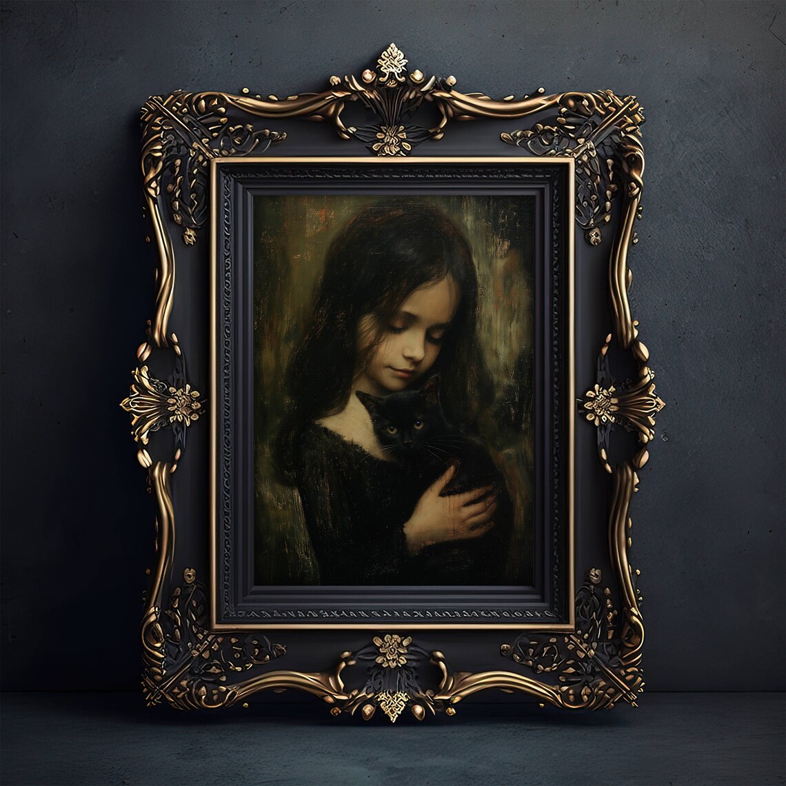 Girl Embracing A Black Cat Against Her Cheek Moody Art Poster - Image 6