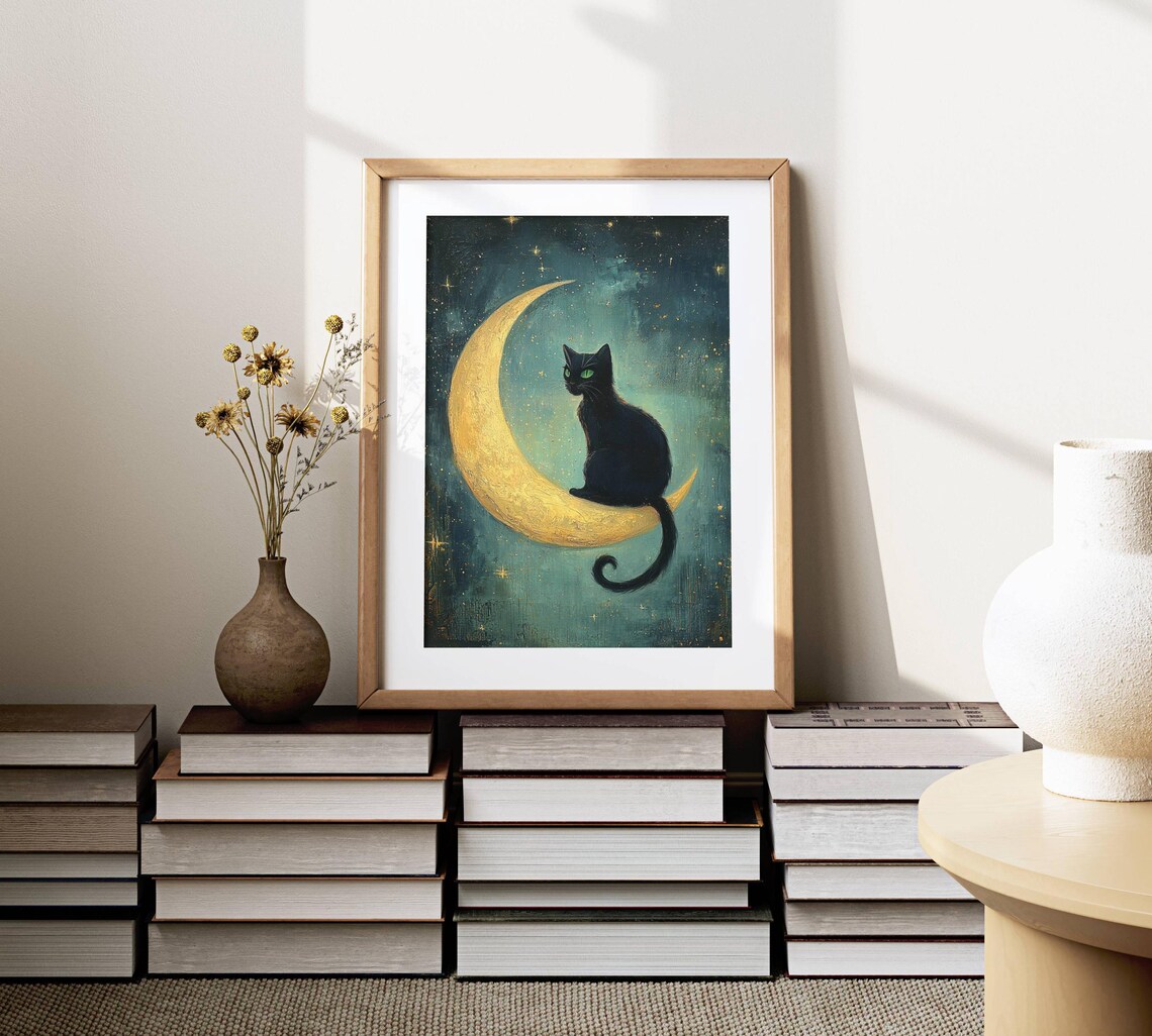 Black Cat On Crescent Moon, Whimsigoth Art Print - Image 7