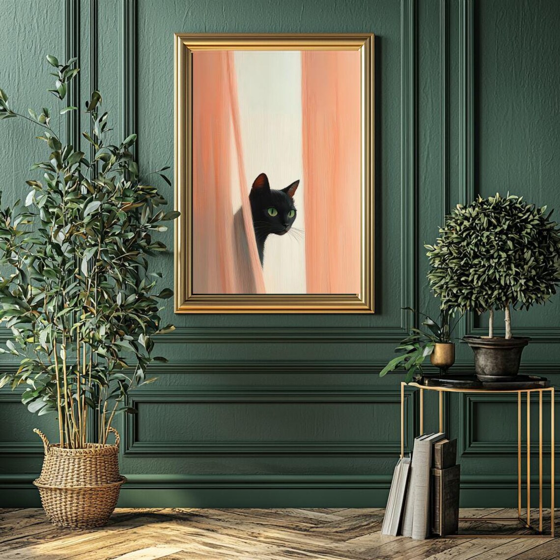 Black Cat Peeking Through Curtains, Minimalist Poster - Image 6
