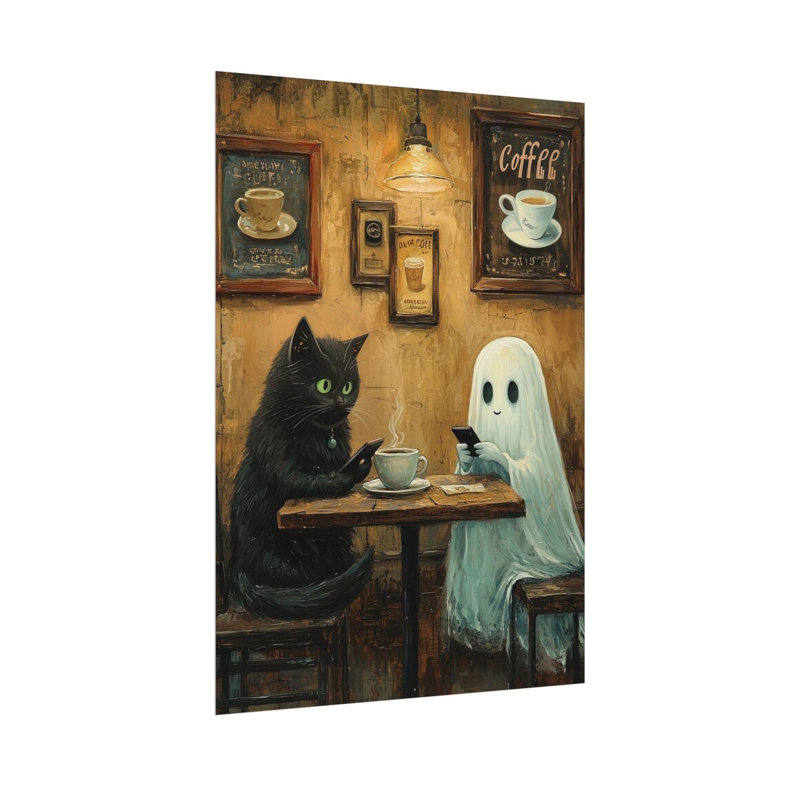 Ghost and Black Cat Checking Phones at a Rustic Coffee Shop Poster - Image 2