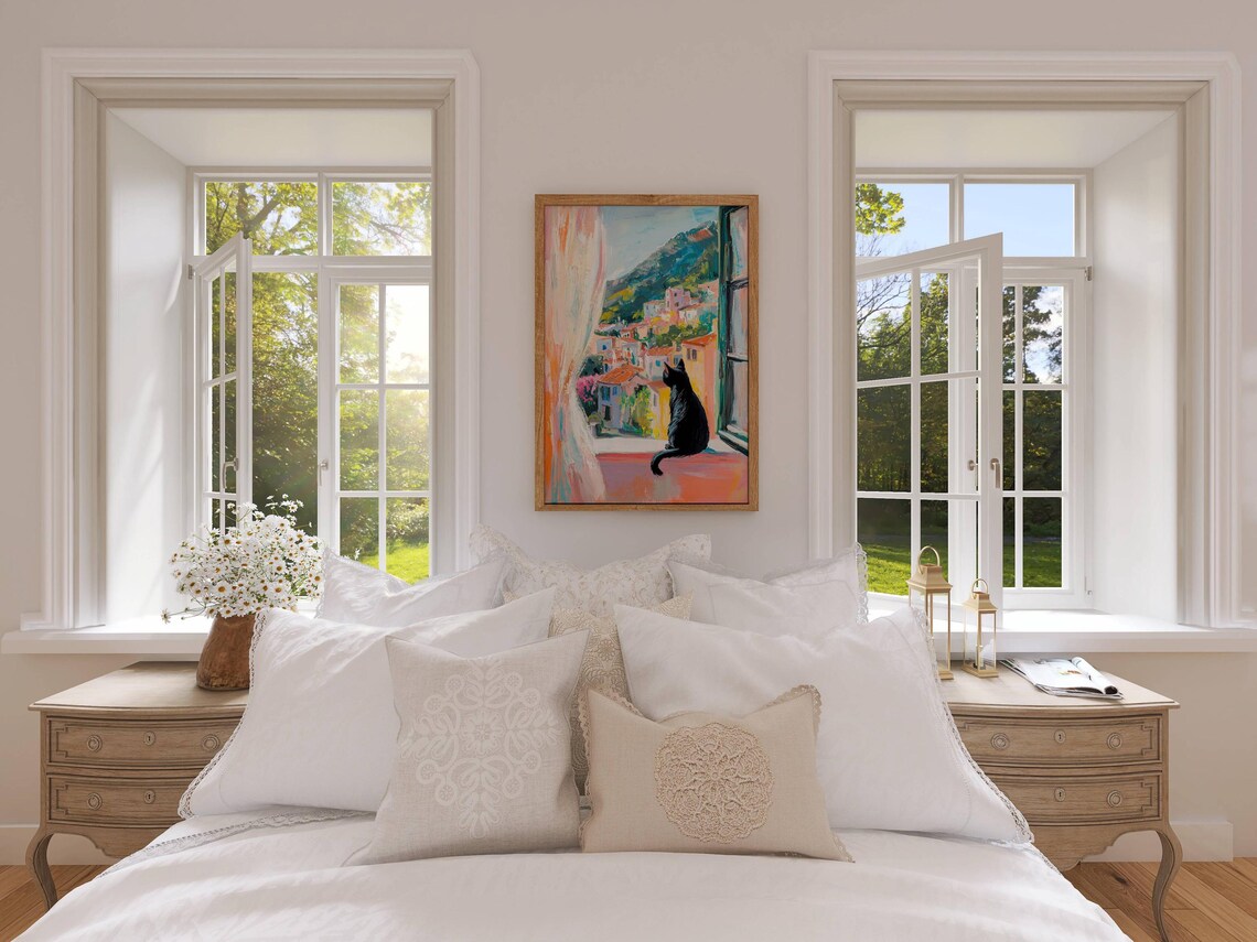 Black Cat on a Windowsill Above a Colorful Coastal Town View Poster - Image 6