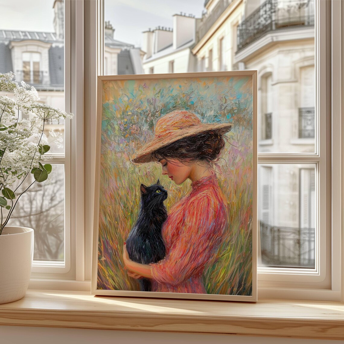 Impressionist Woman Hugging a Black Cat in a Flower Meadow Poster - Image 7