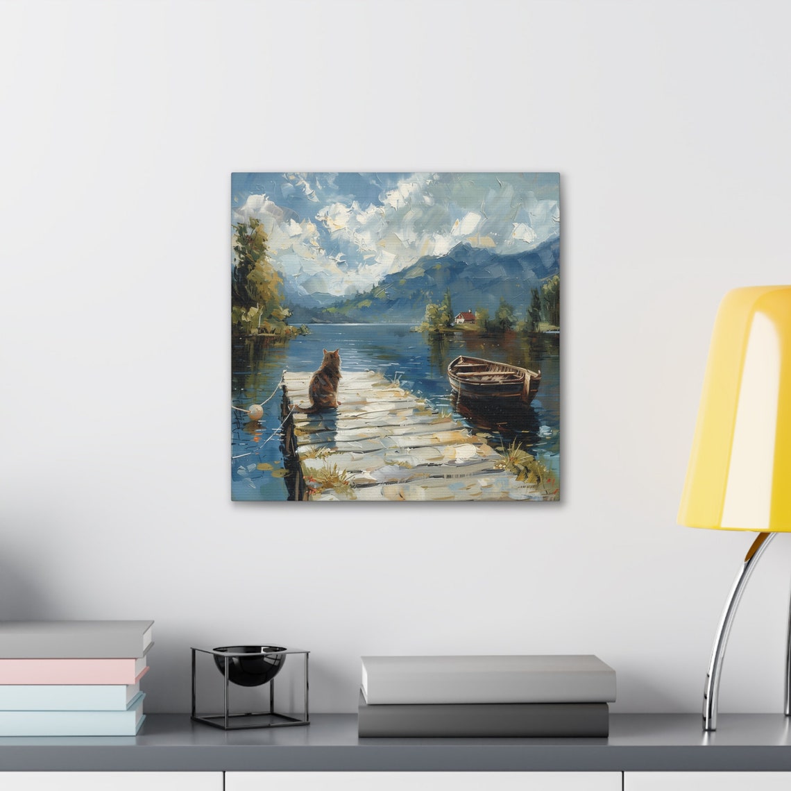Tabby Cat Sitting on a Dock by a Mountain Lake with Rowboat Poster - Image 2
