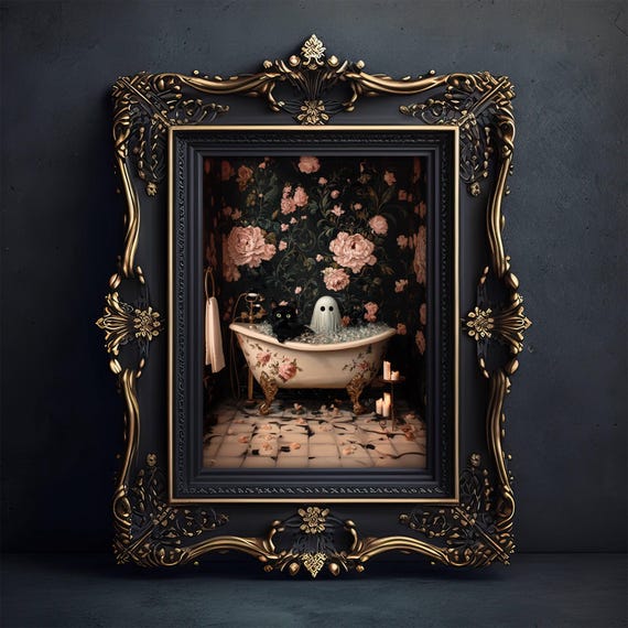 Black Cat And Ghost Bathtub Poster, Whimsigoth