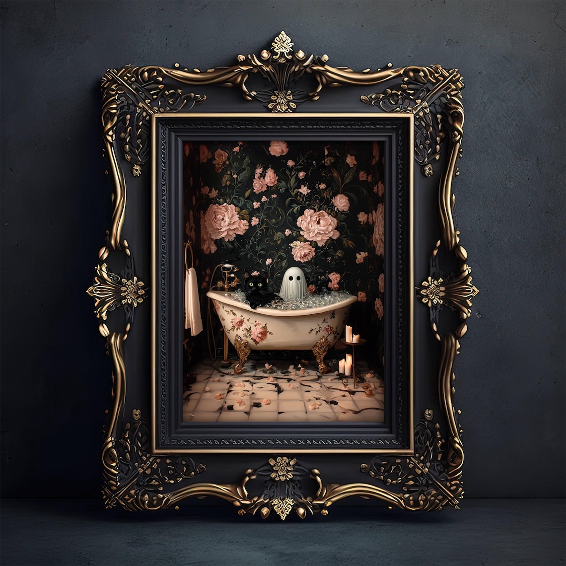 Black Cat And Ghost Bathtub Poster, Whimsigoth