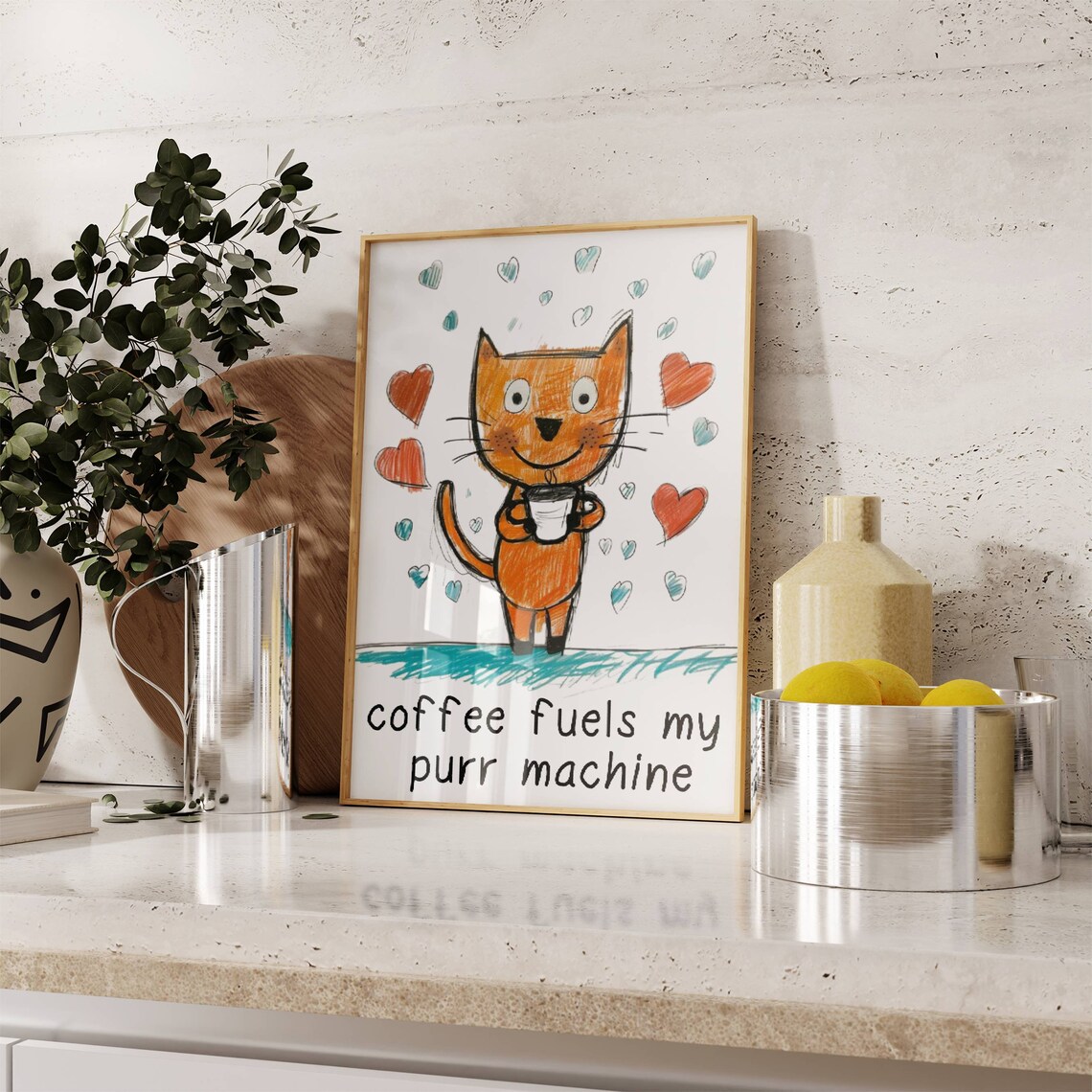 Ginger Cat Holding Coffee 'Coffee Fuels My Purr Machine' Cartoon Poster - Image 5