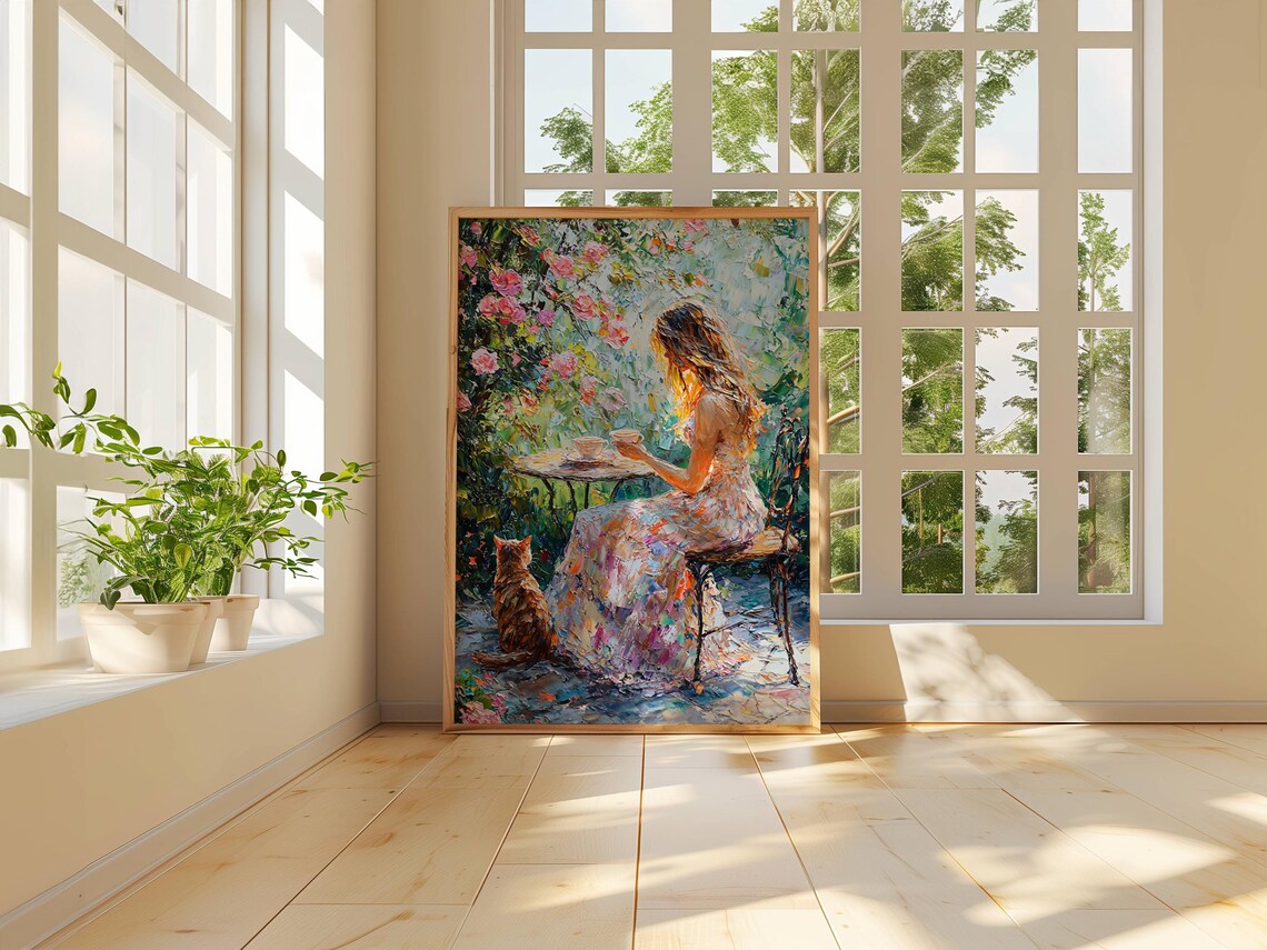 Woman And Cat Garden Tea Party Poster, Spring Floral - Image 3