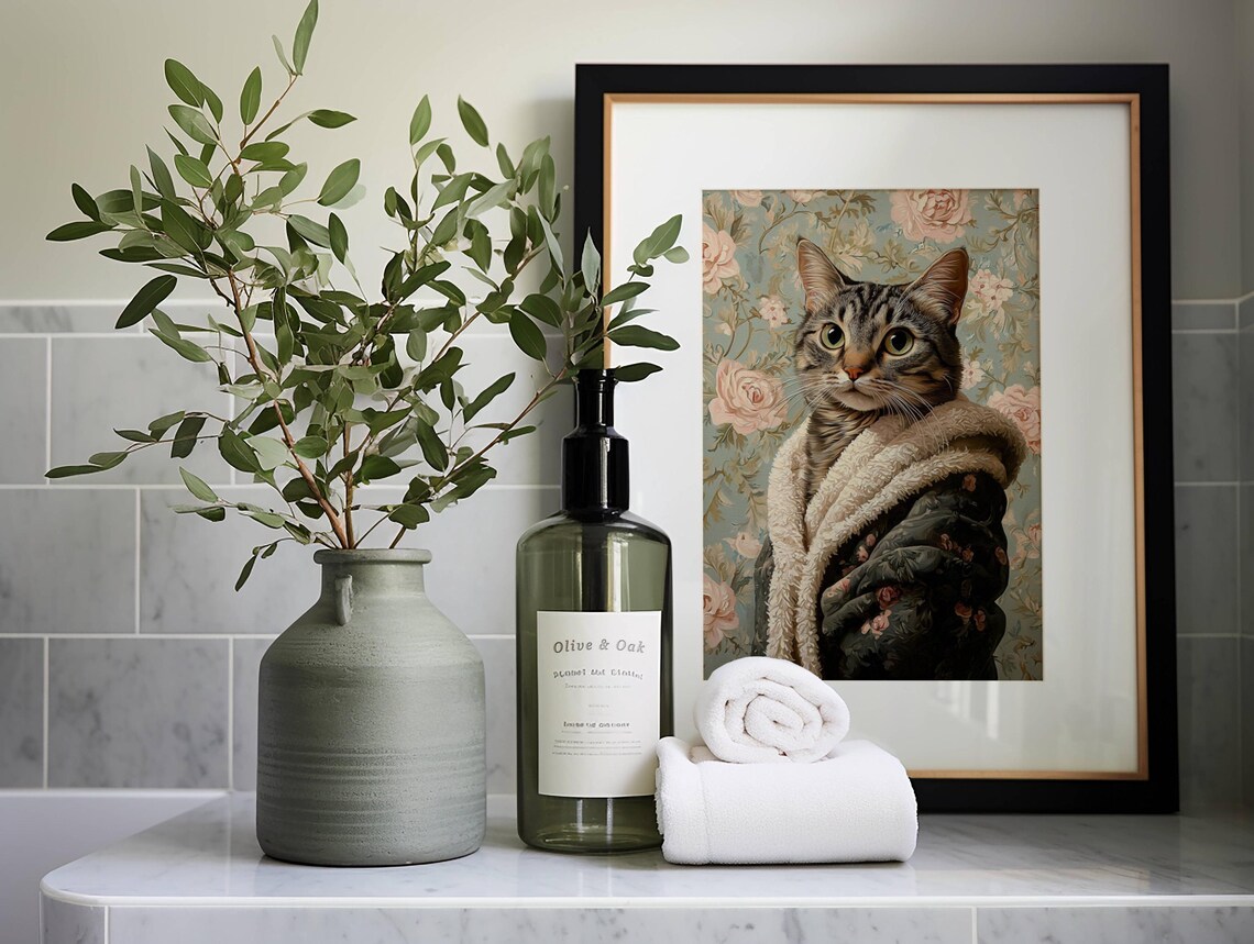 Gray Mackerel Tabby Cat In Bathrobe, Whimsical Print - Image 5