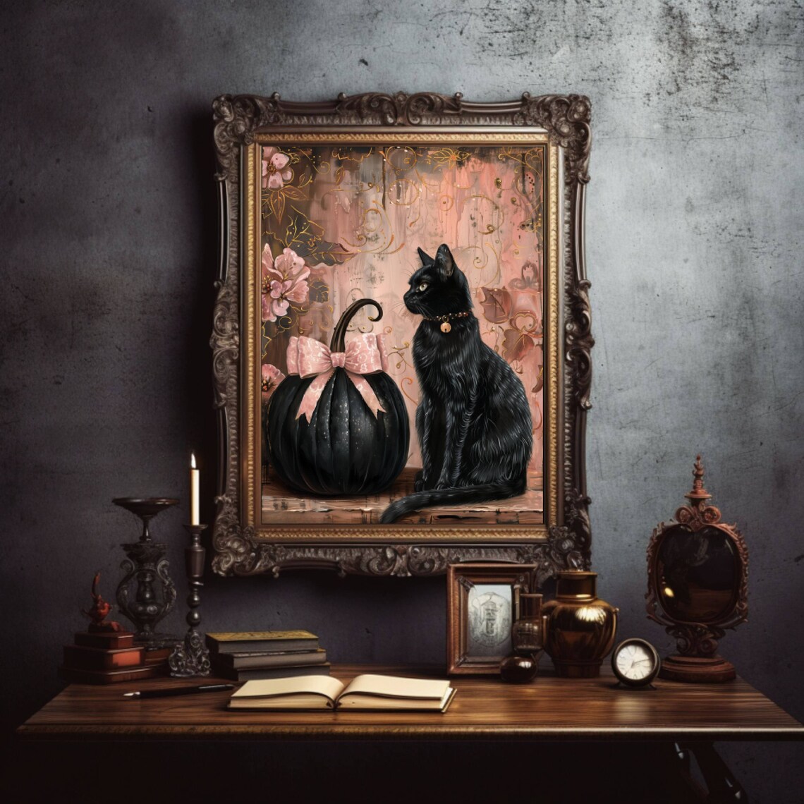 Coquette Black Cat and Pumpkin Halloween Art Print - Image 3