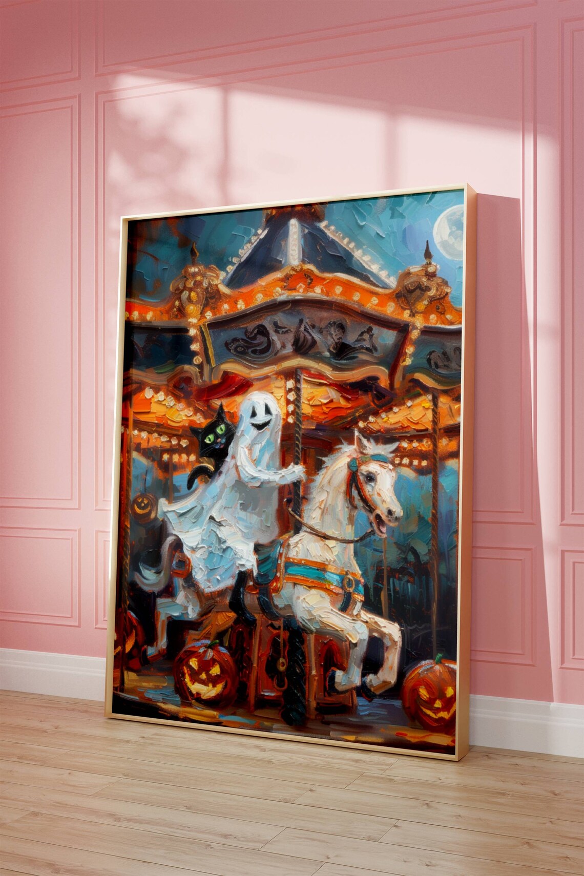 Ghost and Black Cat Carousel Halloween Art Print - Image 7