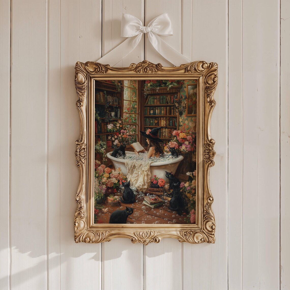 Witch Reading in Bathtub with Black Cats Art Print - Image 3