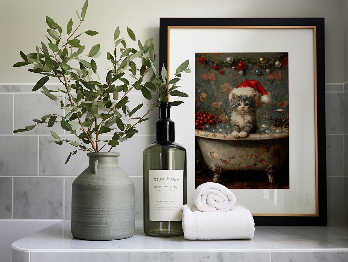 Gray Tabby Kitten Christmas Bubblebath Art Print - Image 7