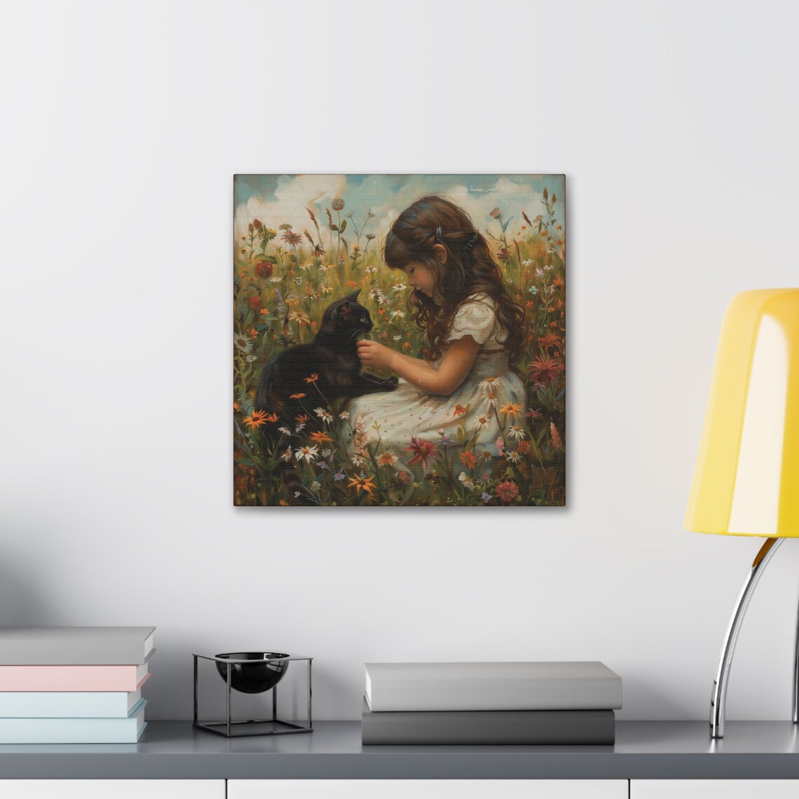 Little Girl and Black Cat in Wildflower Meadow Oil Painting Poster - Image 5