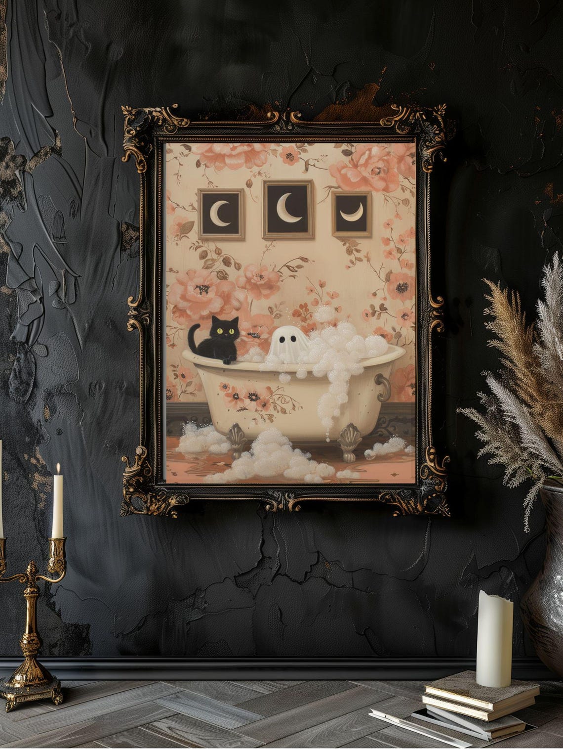 Cute Ghost and Black Cat Sharing a Floral Bubble Bath Halloween Poster - Image 5