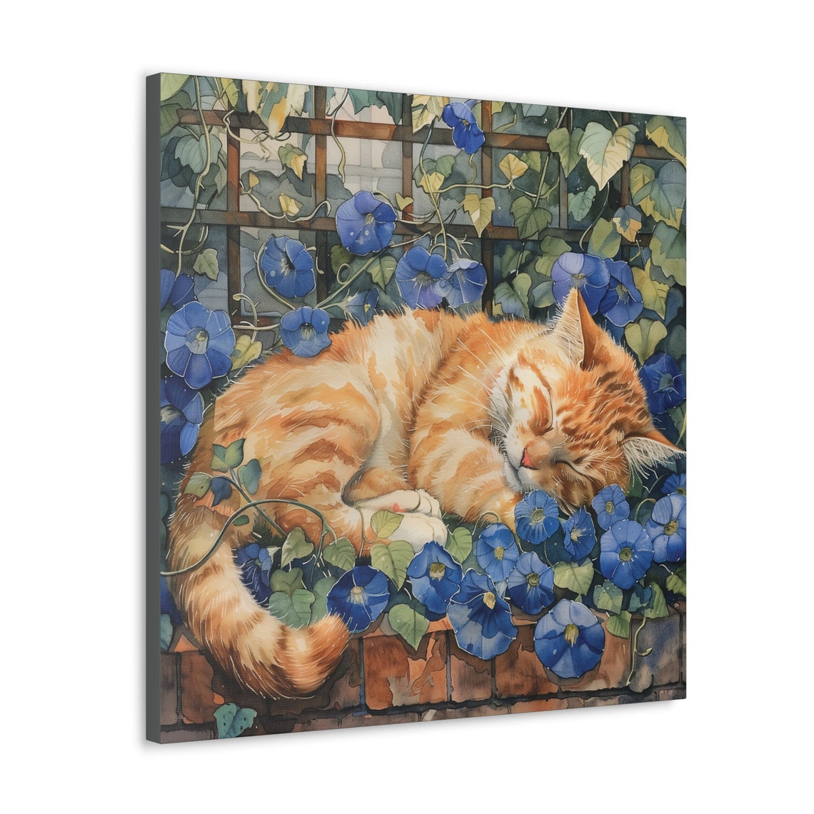 Ginger Cat Napping Among Blue Morning Glory Flowers Floral Poster - Image 3