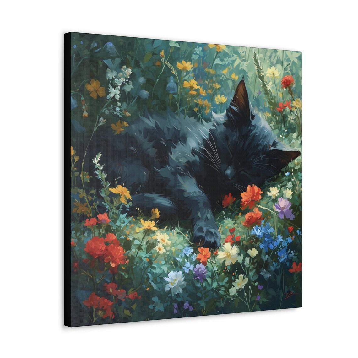 Black Cat Sleeping in a Colorful Wildflower Meadow Scene Poster - Image 4