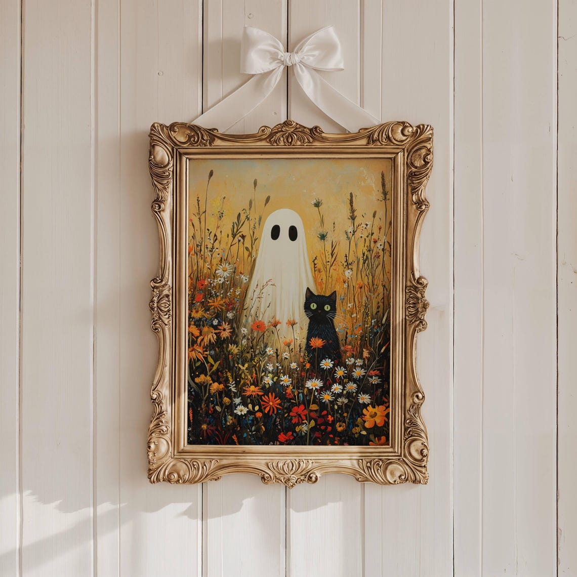 Black Cat and Ghost in a Golden Autumn Wildflower Meadow Poster - Image 7