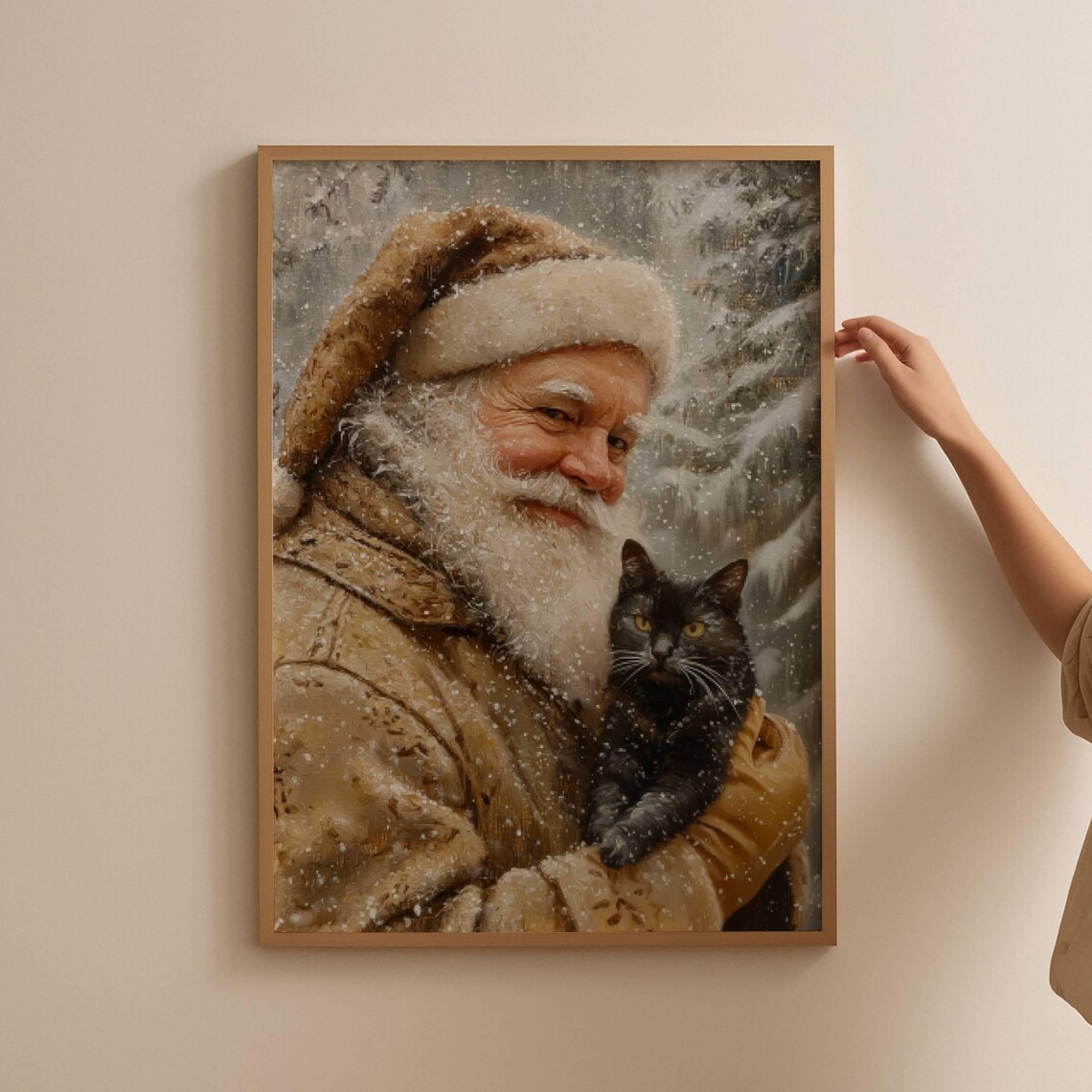 Santa Claus Holding a Black Cat in a Snowy Forest Christmas Poster - Image 3