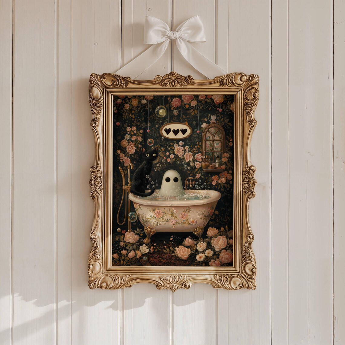 Cute Ghost and Black Cat Soaking in a Rose-Patterned Bubble Bath Poster - Image 7