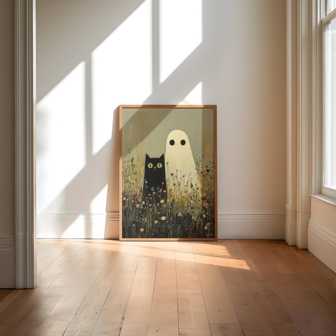 Black Cat and Ghost in Wildflowers Wall Art Print - Image 2