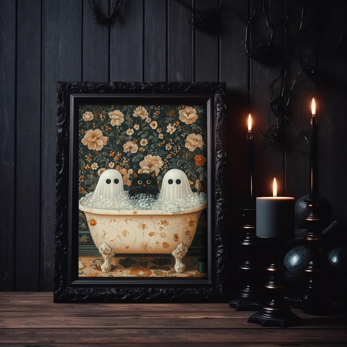 Ghosts And Cat in Bathtub, Halloween Art Print - Image 3