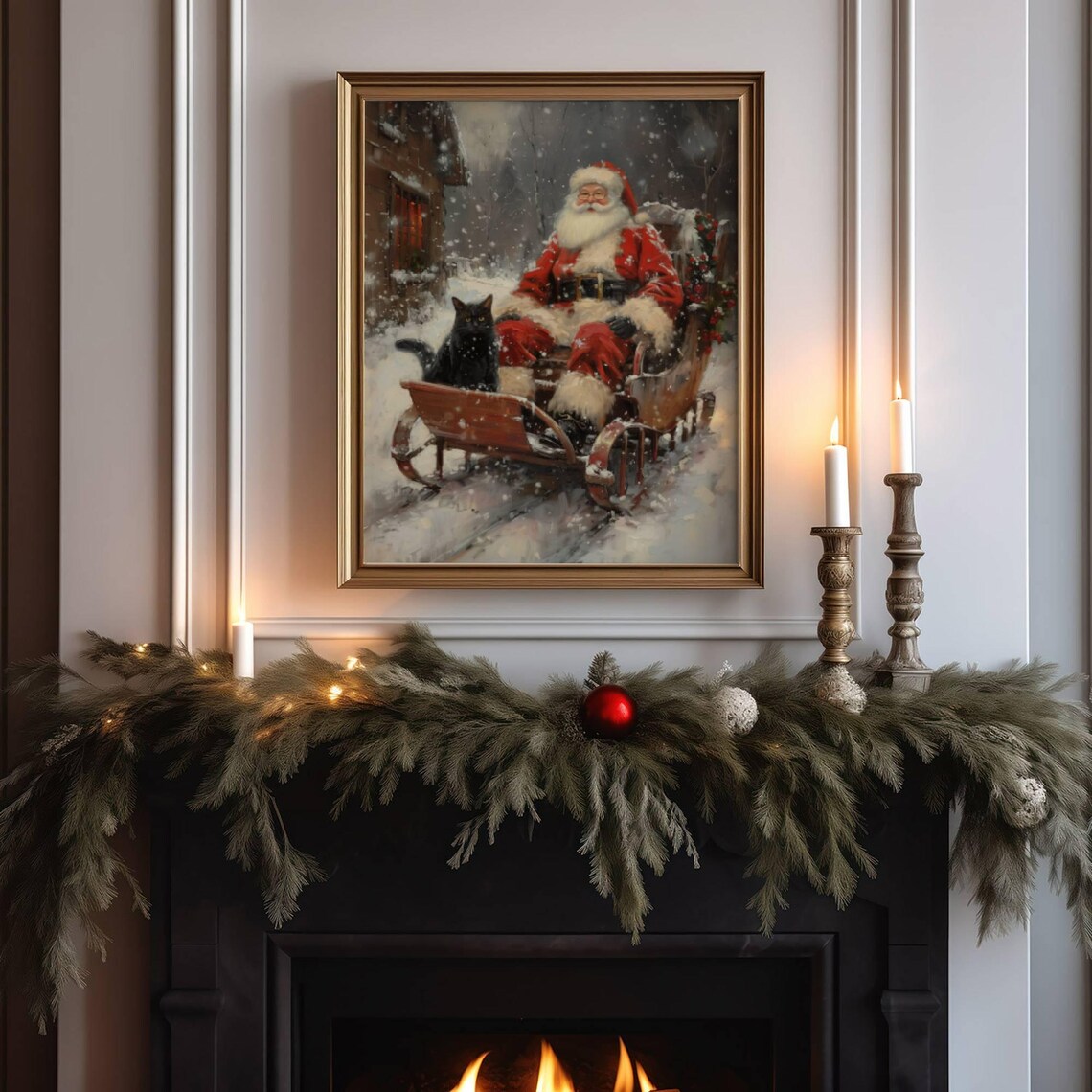 Santa Claus Sleigh Ride With a Black Cat Vintage Christmas Poster - Image 4
