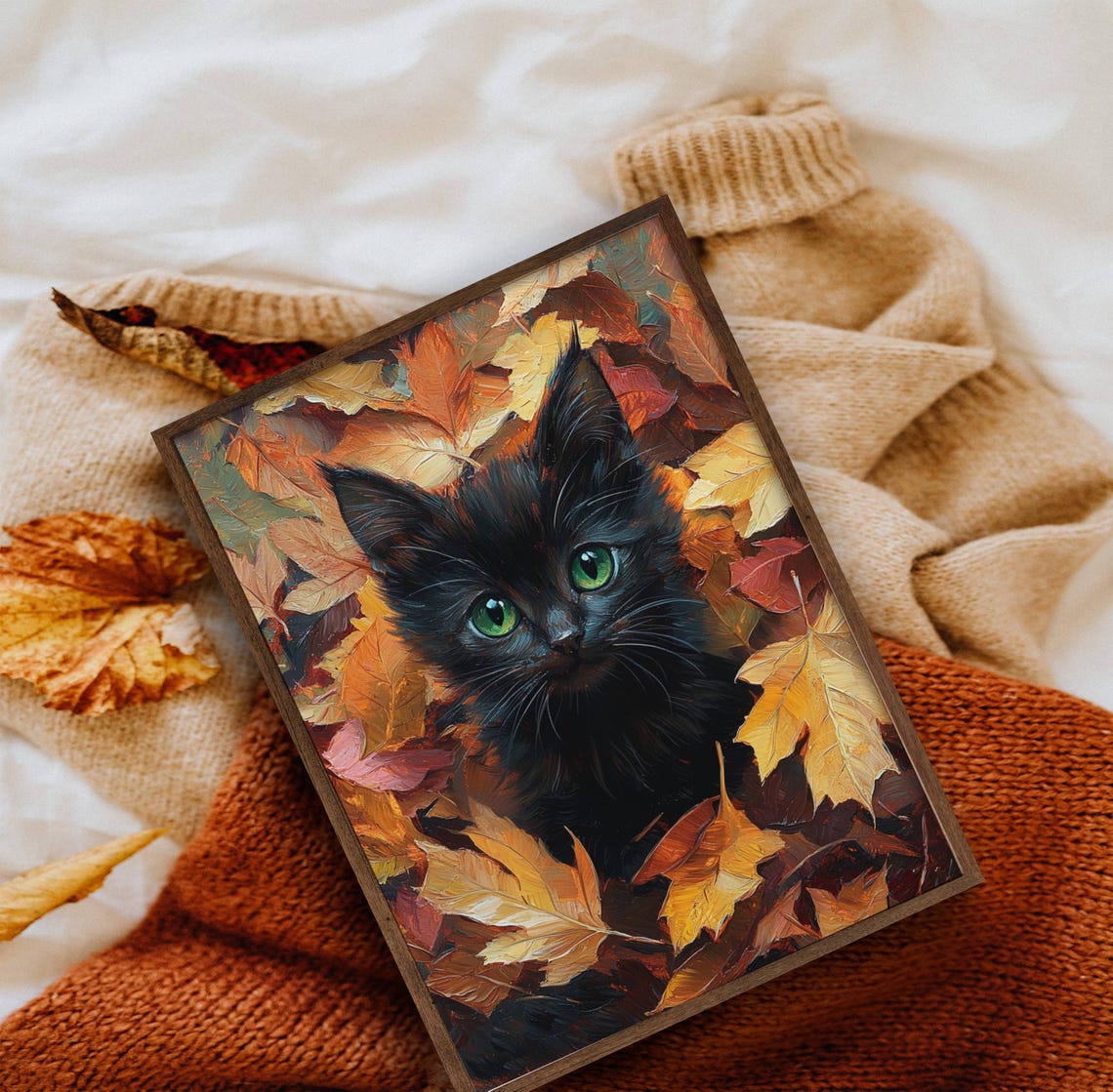 Black Kitten With Green Eyes Among Autumn Fall Leaves Poster - Image 5