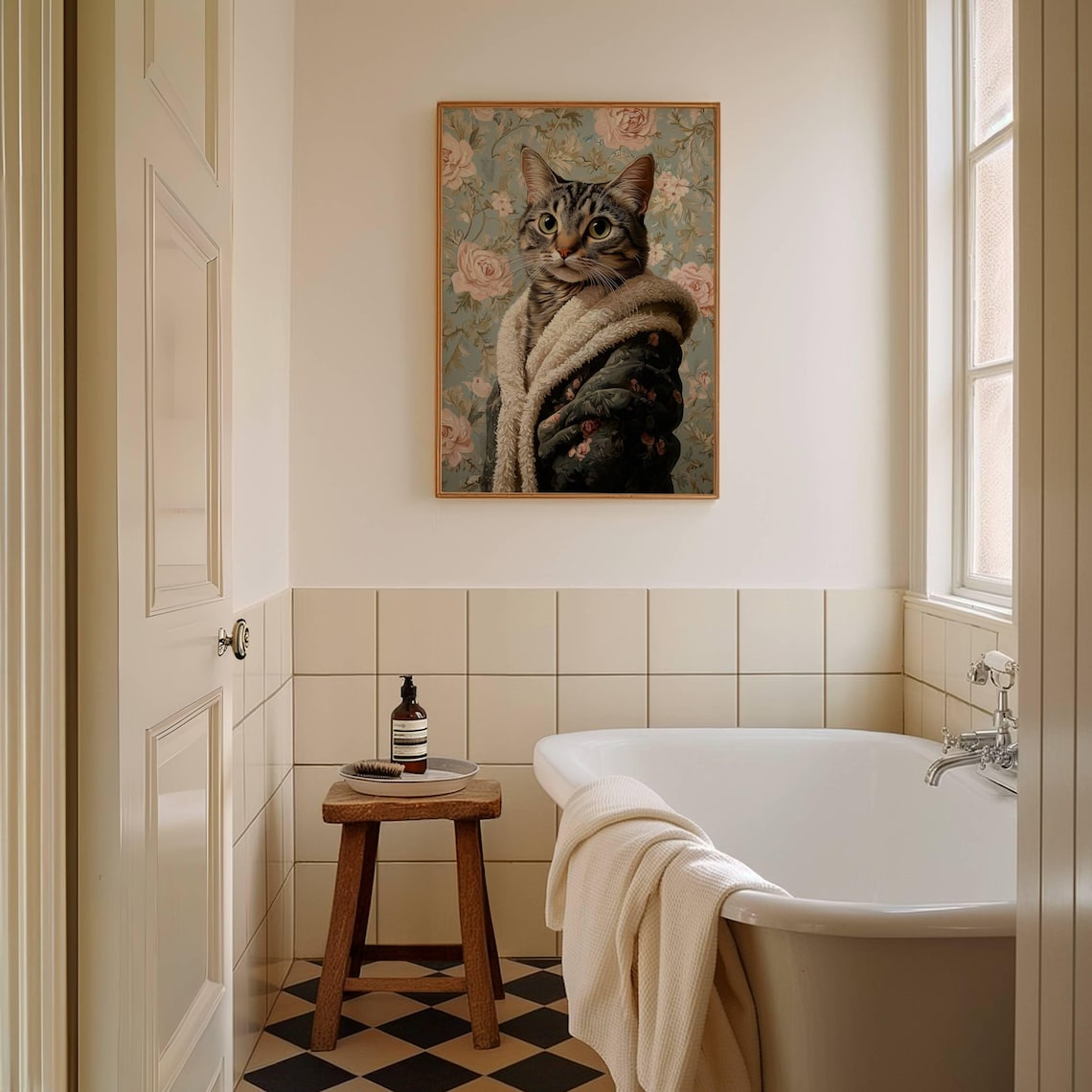 Gray Mackerel Tabby Cat In Bathrobe, Whimsical Print - Image 3