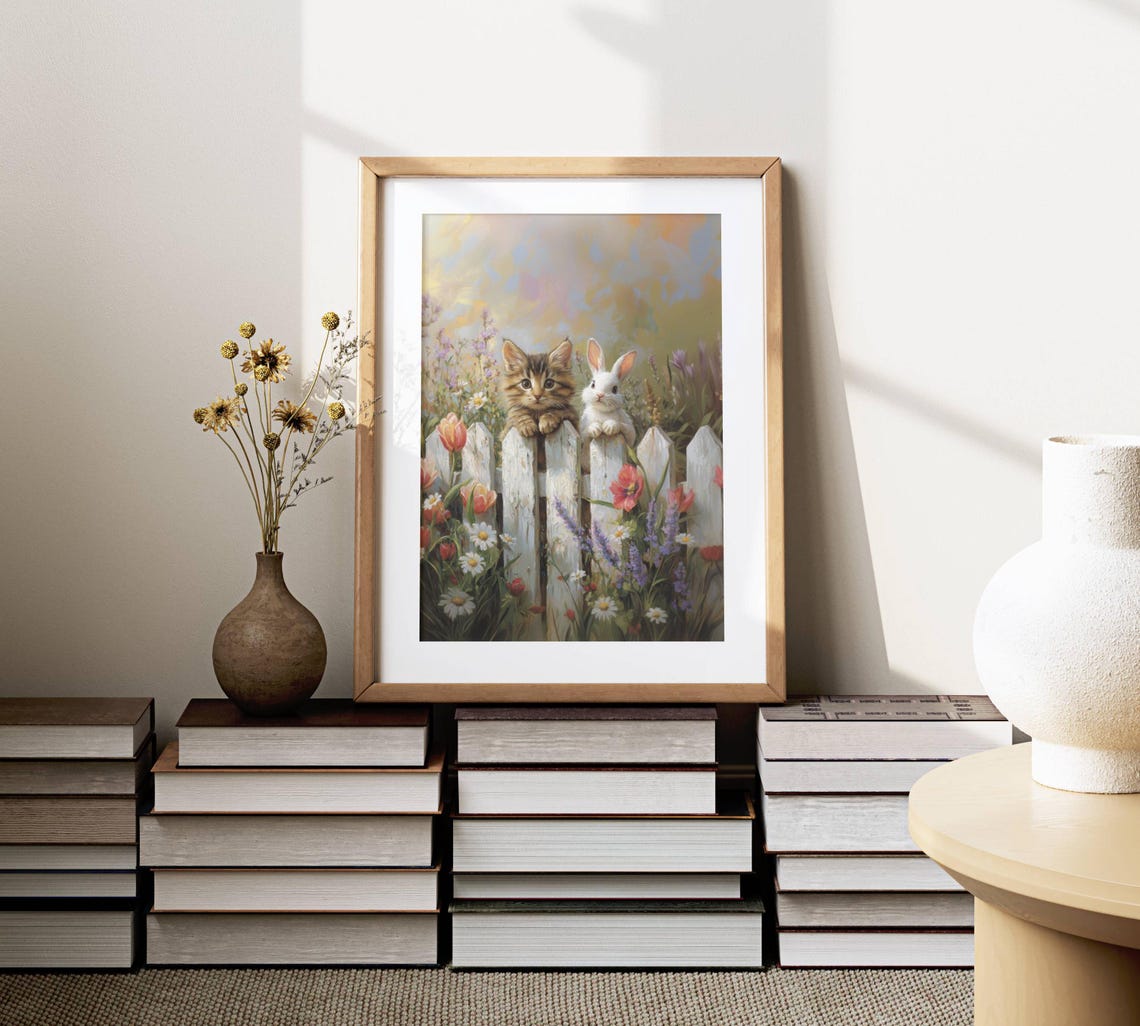 Tabby Kitten and Bunny Peeking Over a Picket Fence Spring Poster - Image 4