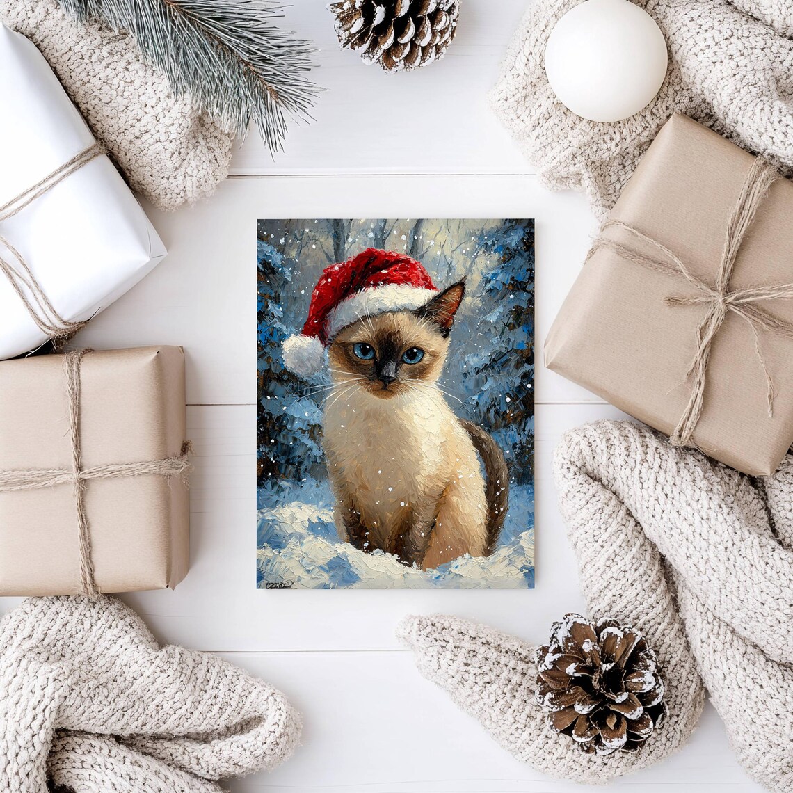 Siamese Kitten In Santa Hat Christmas Art Print - Image 4