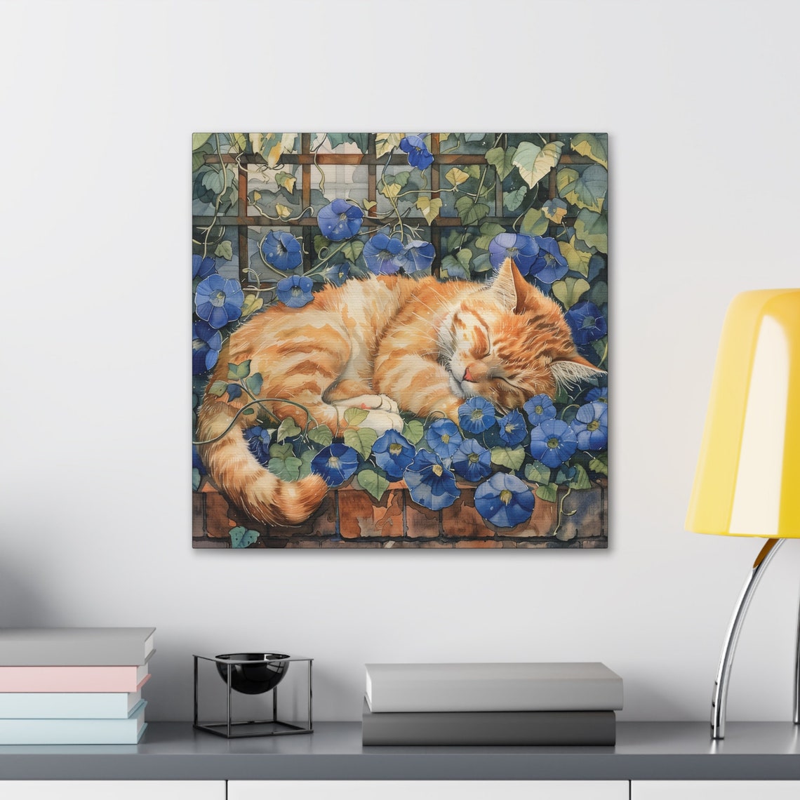 Ginger Cat Napping Among Blue Morning Glory Flowers Floral Poster - Image 5